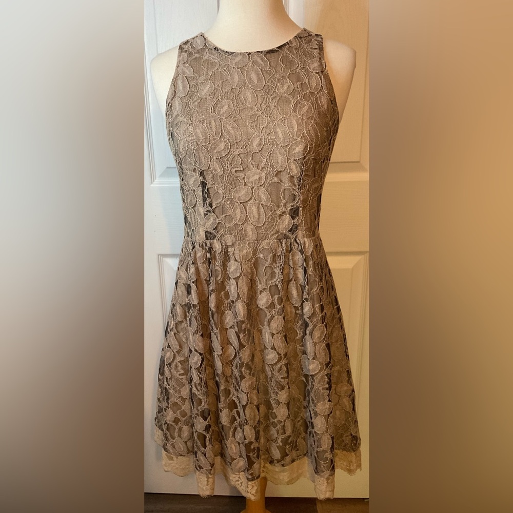 Pinky Beige Tan Nude Black Lace Fit‎ & Flare Dress Size Small